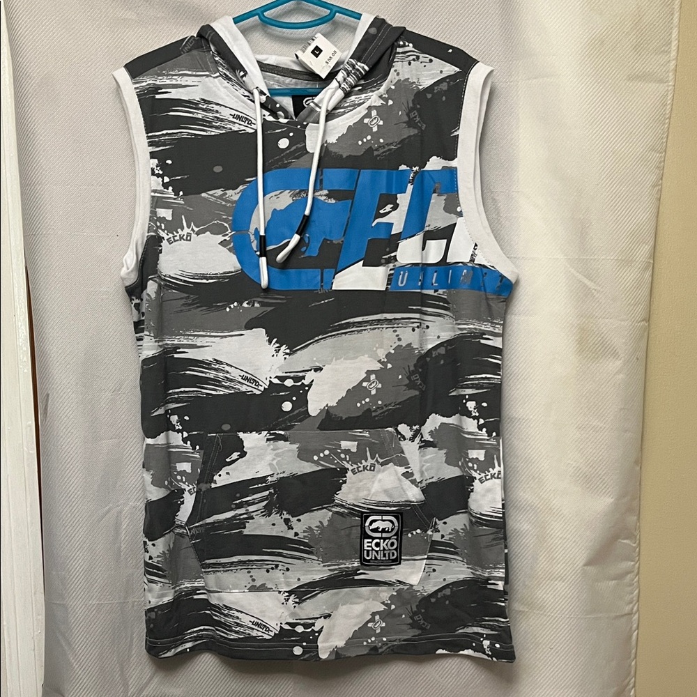 🆕Ecko Unlimited Men’s Gray Sleeveless  Hoodie  Blue Trim Summer Workout. L.  #30